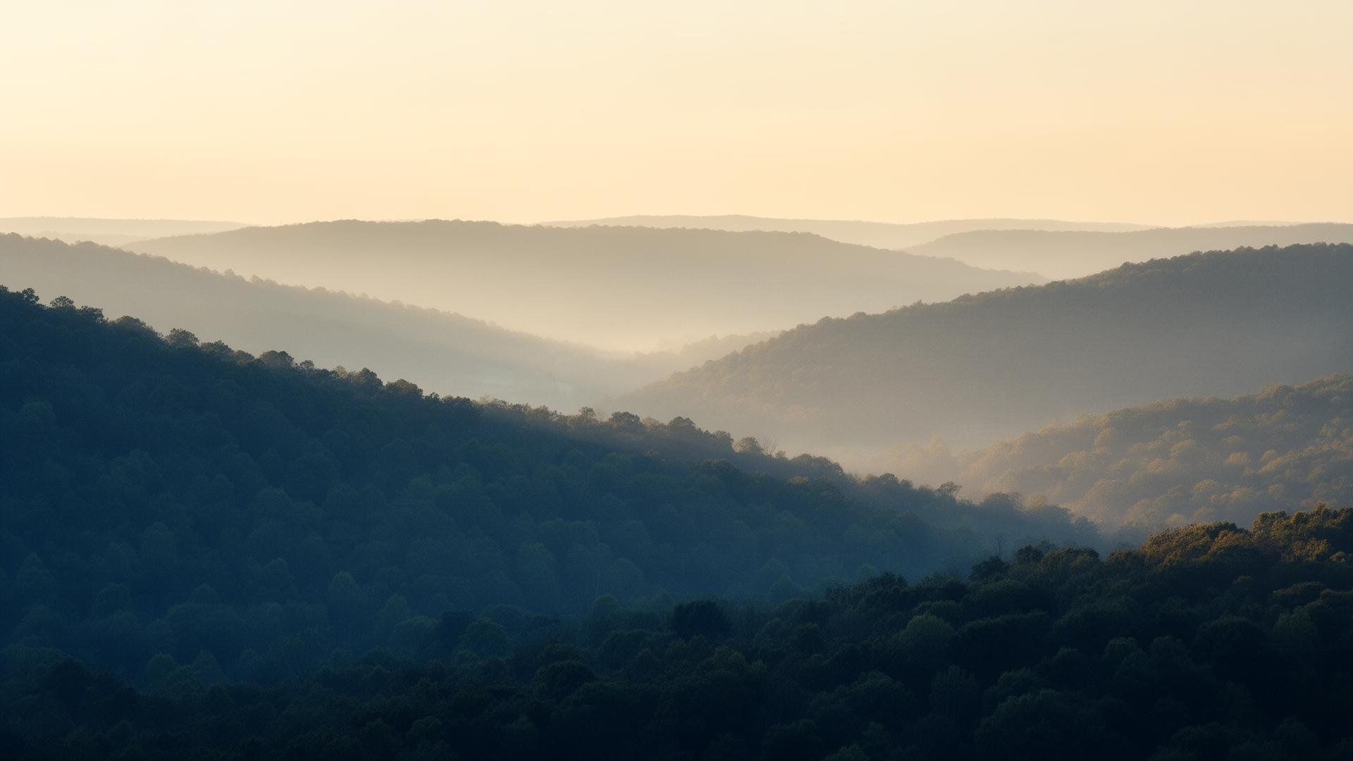 Misty Appalachian Ohio hills at golden hour
